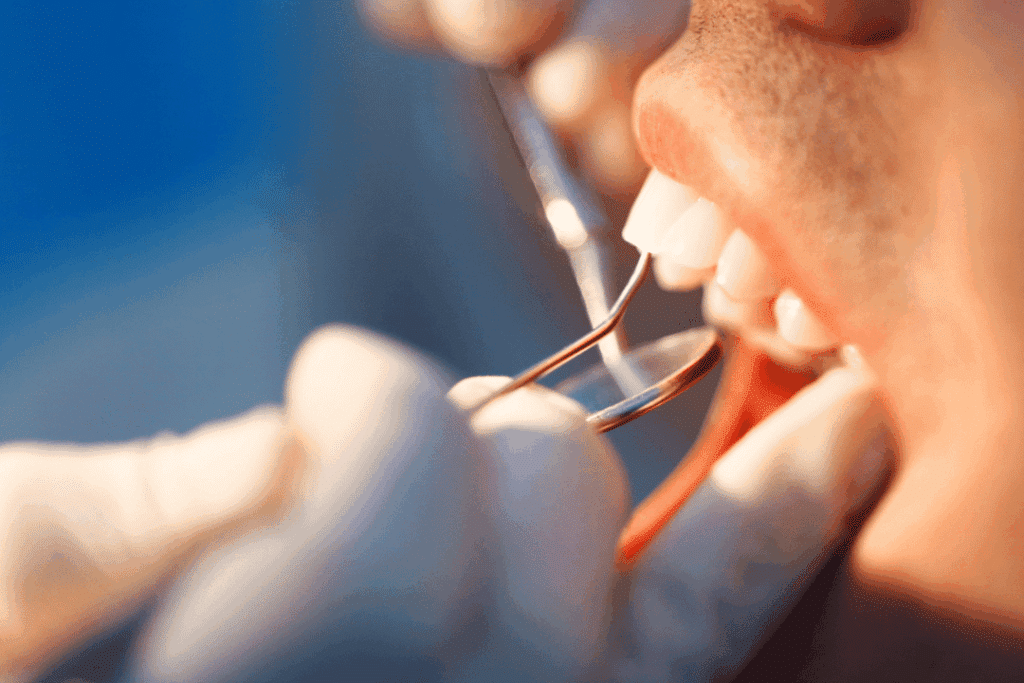 Dental professional examining teeth with orthodontic tools, illustrating the process of braces adjustment for improved alignment.